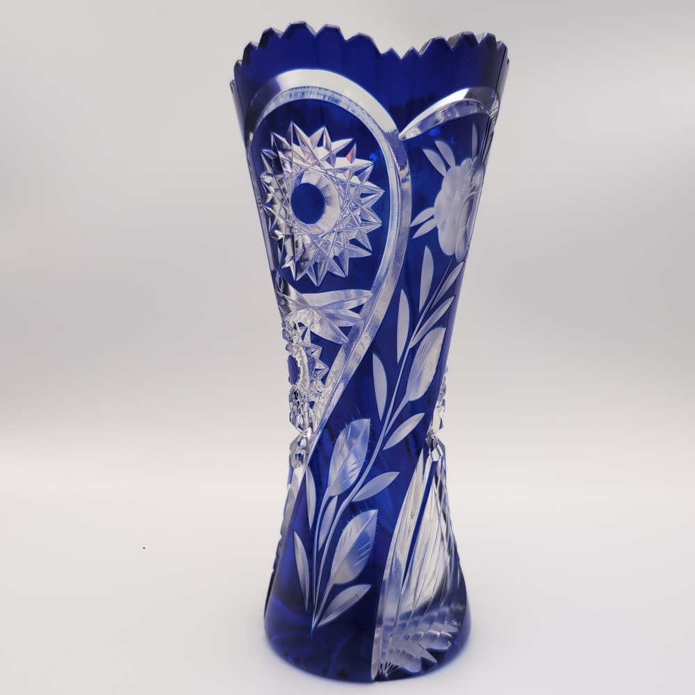 Vintage German Cobalt Blue Cut to Clear 24% Lead Crystal Rose Vase 8" Handmade